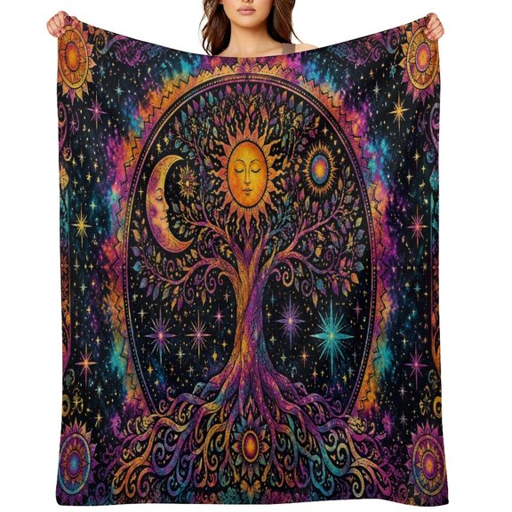 Patifu Tree Of Life Sun Moon Colorful Cosmic Celestial Ornate Art Throw Blanket, Soft Cozy Clear Print, Lightweight Blanket for Couch Sofa Bedroom, Gift for Father's Day Birthday Graduation,