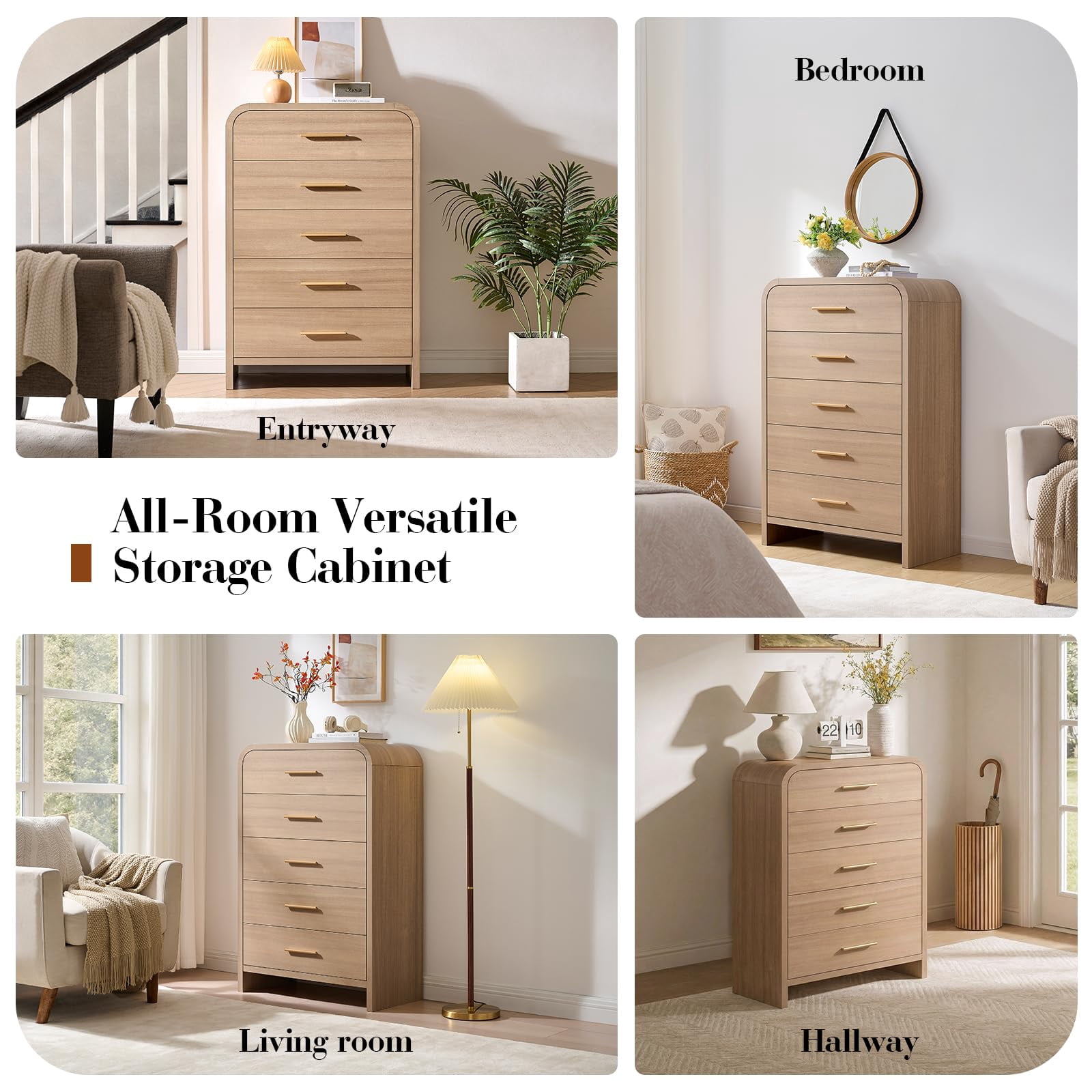Vintagearth 5 Drawers Dresser for Bedroom, Curved 45.6" Tall FSC-certified Wood 1.18" Thick Board Dressers & Chests of Drawers for  Living Room, Hallway, Entryway, Oak