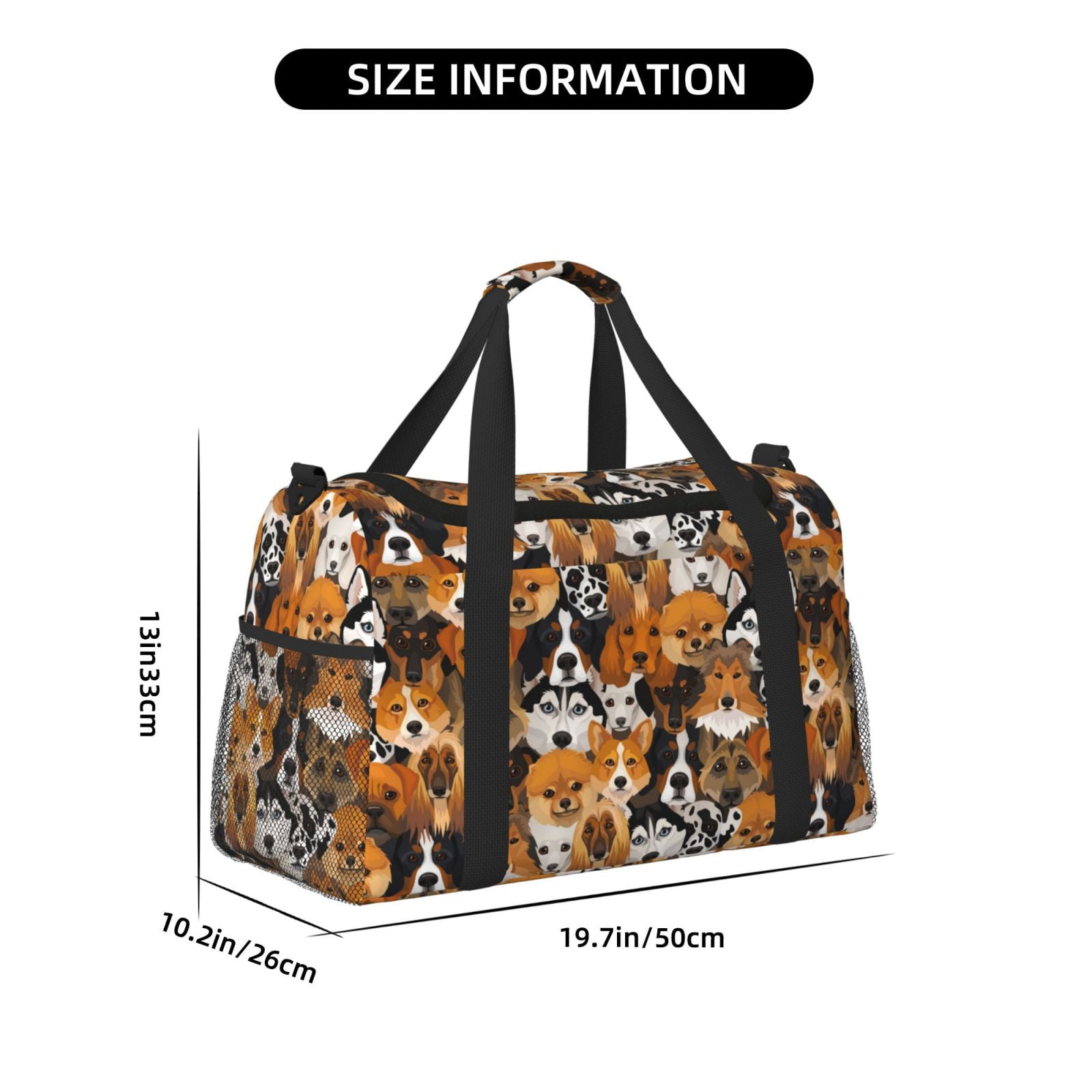 Picia Dogs Different Breeds Print Travel Duffle Bag,Weekender Bags for Women with Shoe Compartment, Gym Duffel Bag with Wet Pocket, Hospital Bags for Labor and Delivery