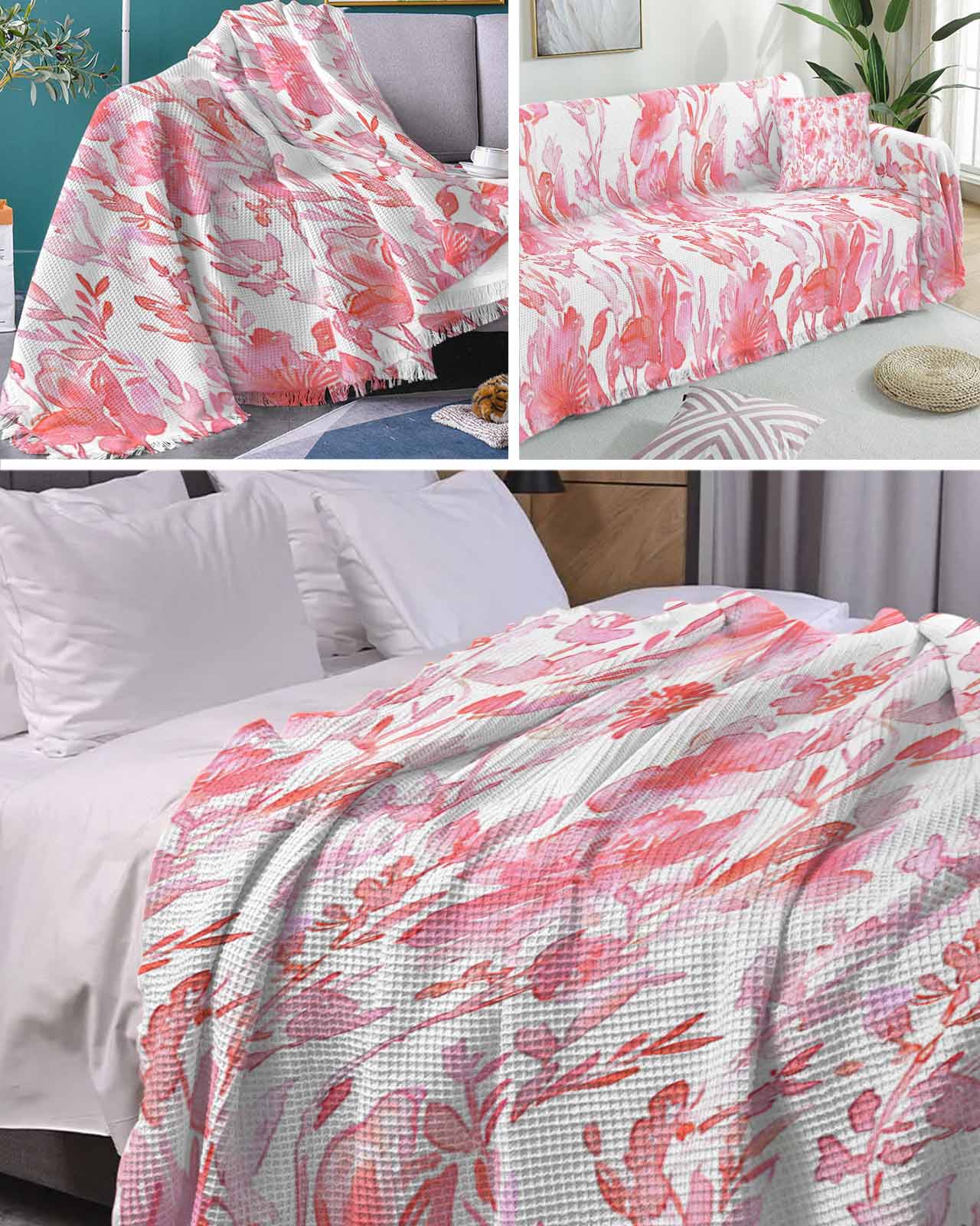 Red Botanical Sofa Couch Covers for Dog,Washable Sectional Couch Slipcoverfor Loveseat with Tassels,Abstract Watercolor Floral Leaves Plant Non Slip Sofa Throw Cover Blanket Large 71''x102''