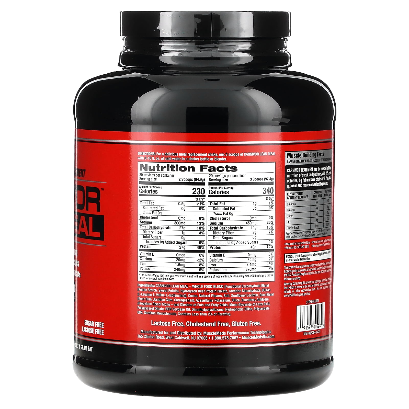 MuscleMeds Carnivor Lean Meal Whole Food Meal Replacement Shake – 40g Beef Protein Isolate & Carbs – Sugar-Free, Lactose-Free – Chocolate Fudge, 4.4 lbs