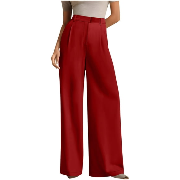 Pisexur Womens Pants Solid Color High Waisted Business Wide Leg Pants Woman Casual Loose Fit Straight Leg Dress Pants Fashion Flowy Office Work Pants Women M-3XL Red