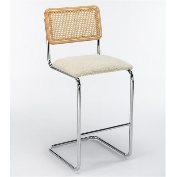 Pemberly Row Cane Back Boucle Bar Height Stool (Set of 2) in White