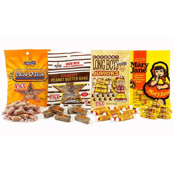 Ultimate Old Fashioned Candy Lovers Mix - Chick-O-Stick, Crunchy Peanut Butter Bars, Long Boy Jrs & Mary Janes - Bundle of 4 Classic Individually Wrapped Candies - 3 oz. Bags