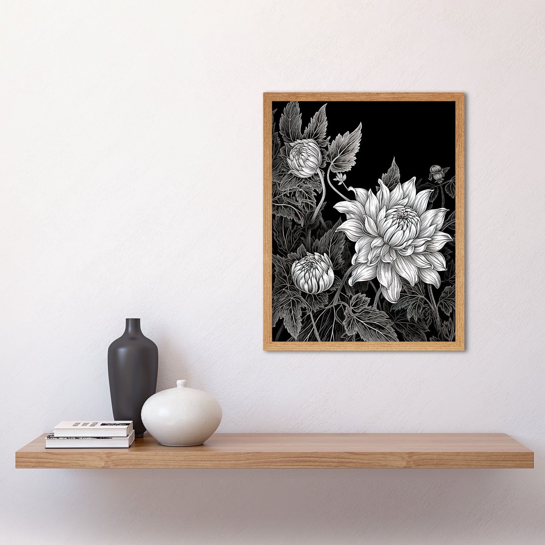 Detailed Black and White Dahlia Flower Blooms Large Wall Art