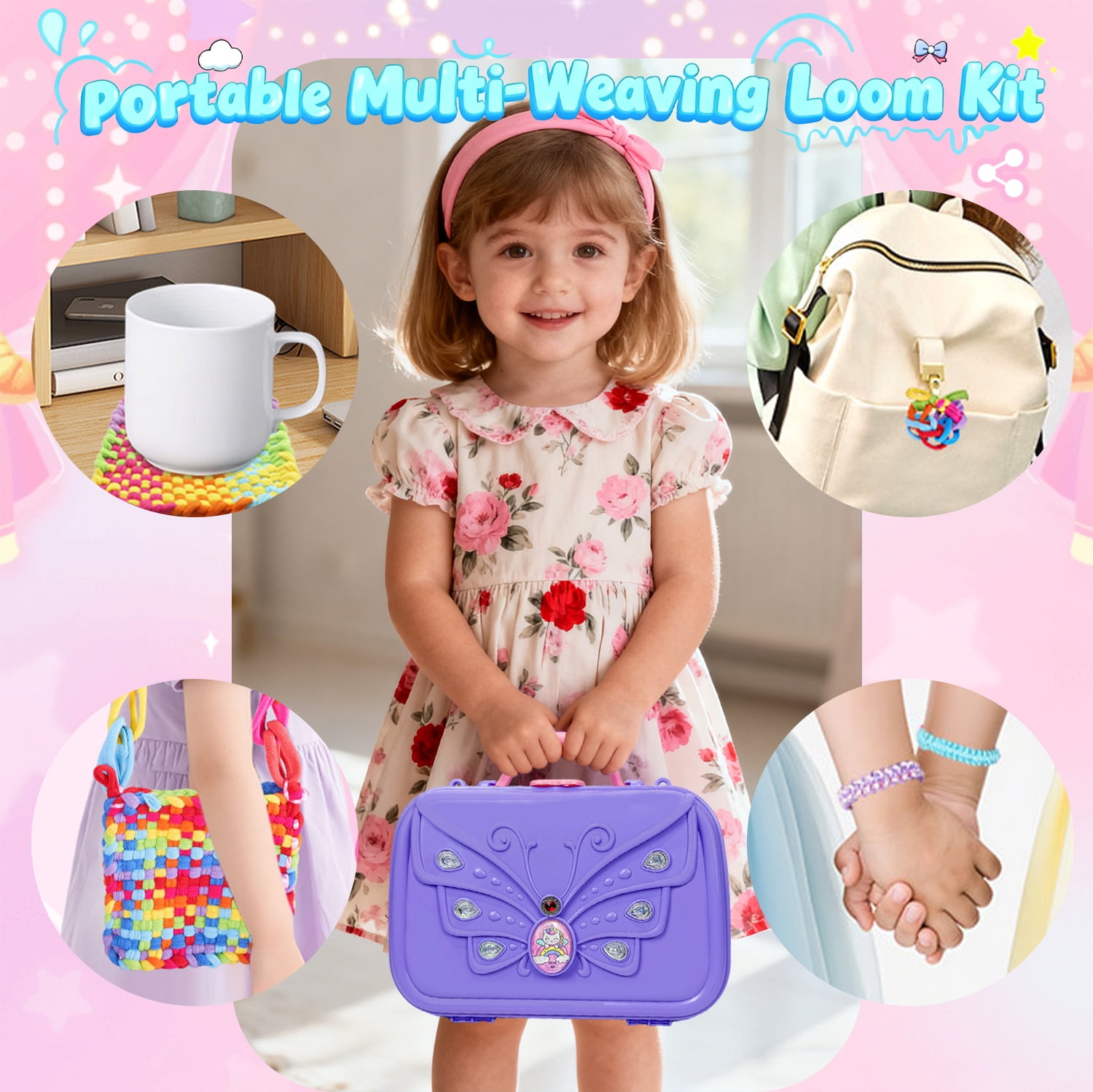 LINXUXIE 6-in-1 Weaving Loom, Friendship Bracelet Kit, DIY Arts and Crafts Sets for Bracelet & Potholder & Bag, Birthday Gifts for 6-12 Years Old
