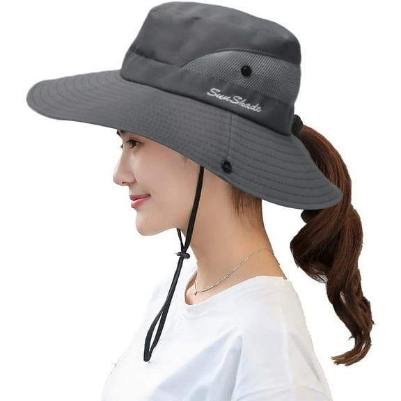 Womens UV Protection Wide Brim Sun Hats Cooling Mesh Ponytail Hole Cap Foldable Travel Outdoor Fishing Hat