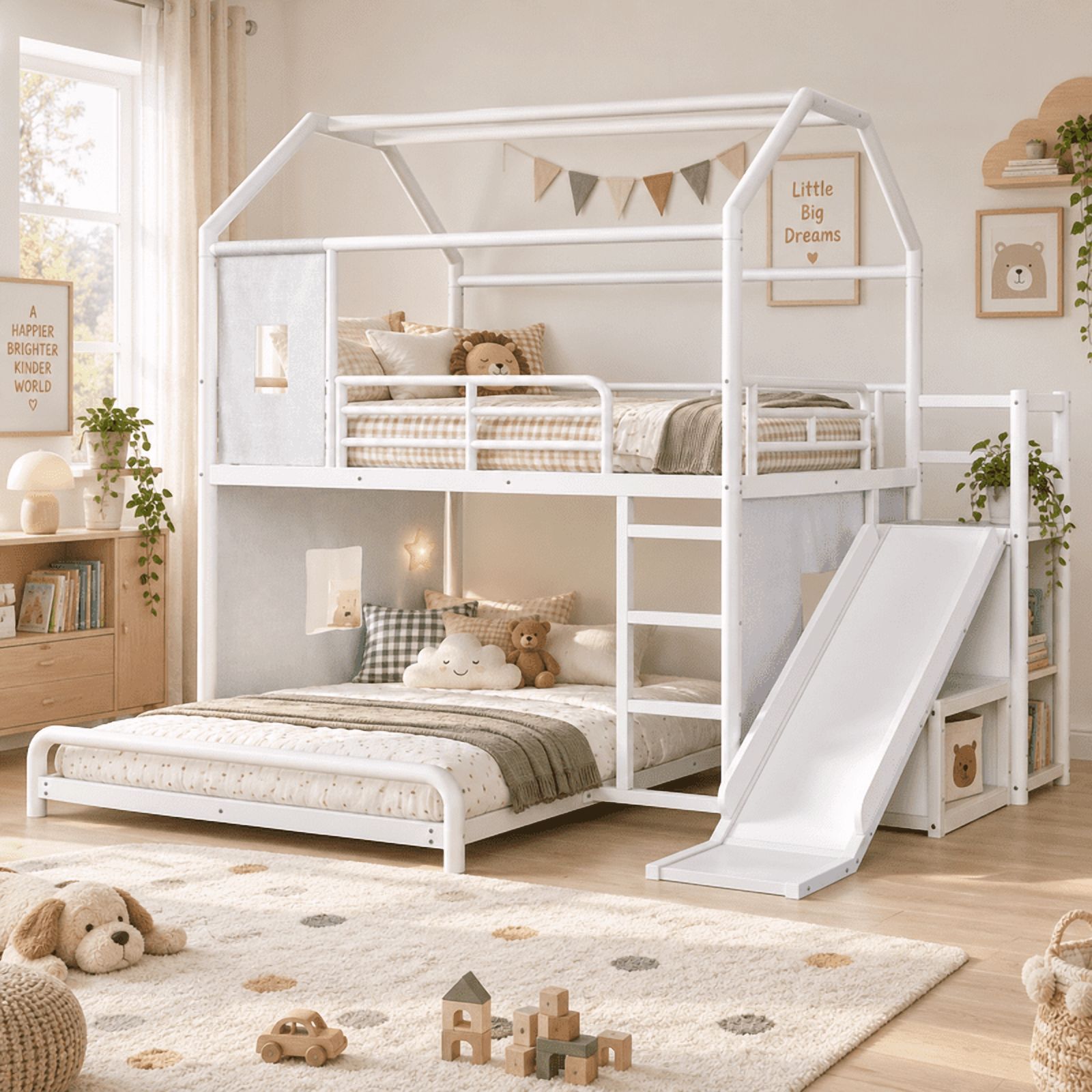 Full Over Full Metal Bunk Bed with Slide, Ladder, LED Light, Privacy Curtain and Movable Storage Cabinet, House-Shaped Kids Bunk Bed with Hanging Rod, No Box Spring Required