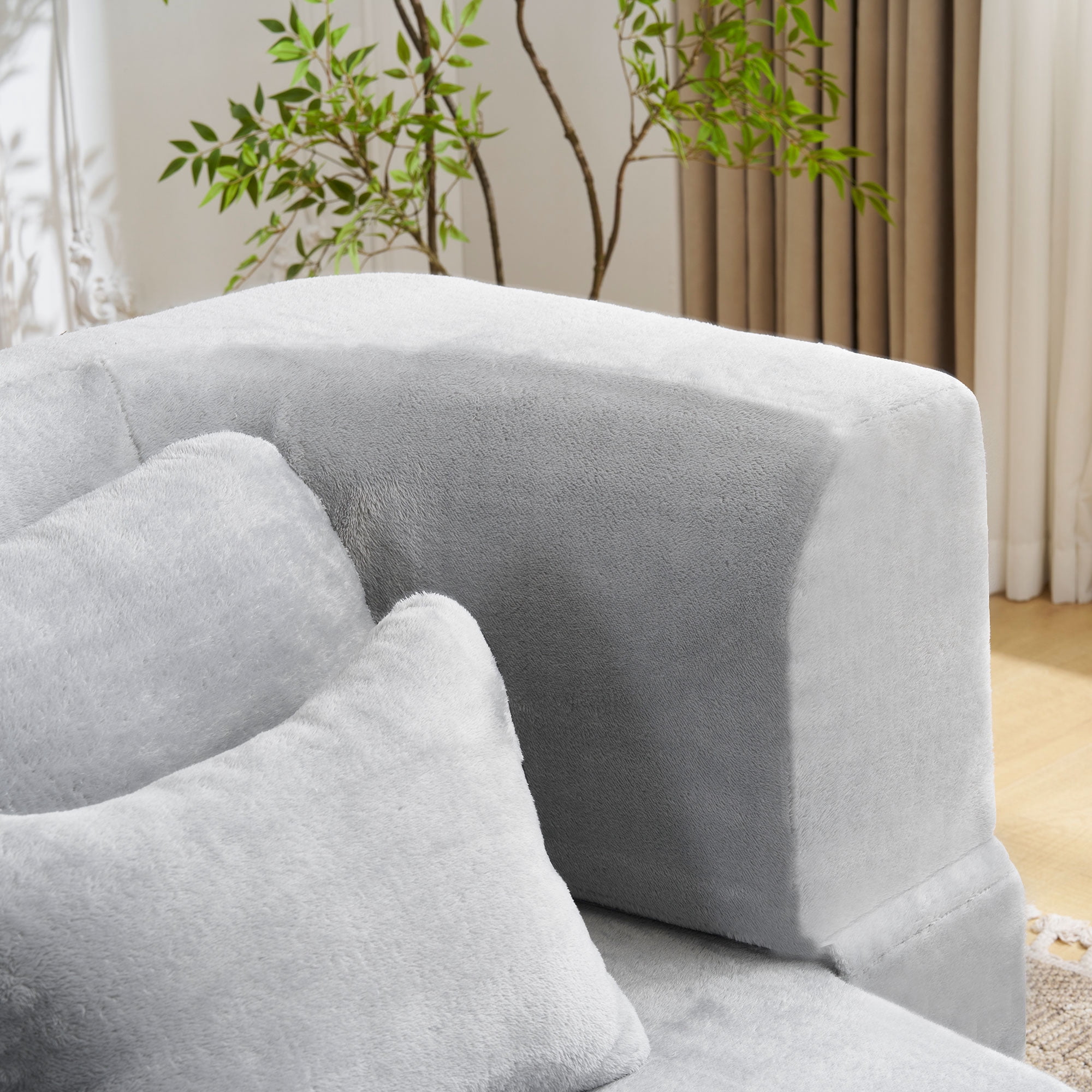 Queen Size Light Grey Floor Sofa with 4 Pillows, Plush Fabric Futon Sofa Couch, High-Density Foam Folding Mattress for Living Room,Guest, Bedroom,No Assembly Required