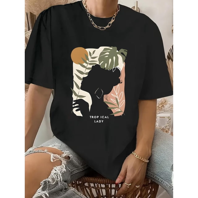 Camiseta De Mujer Activewear Tops Simples De Verano Para Viajes De MochileroRetro Chic Women's Black T-Shirt with Tropical Leaf & Geometric Print - Casual Round Neck, Short Sleeve Top, Polyester, Ma