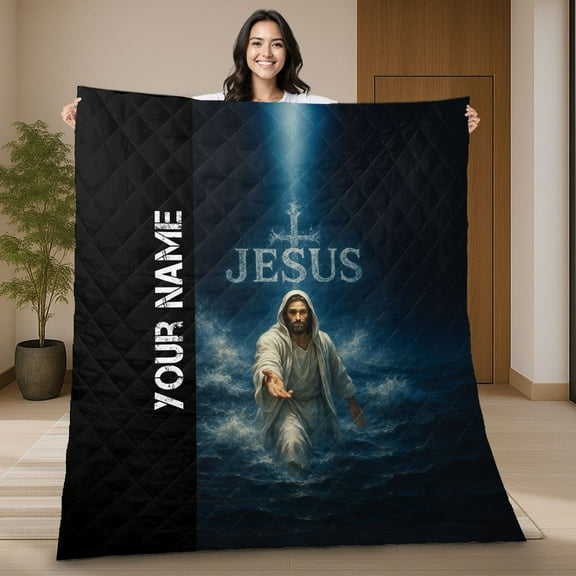 Personalized Jesus Christ Walking On Water Quilt Blanket – Custom Name Blanket with Jesus Image – Religious Christian Gifts – Inspirational Quilt for Home, Bed, and Couch