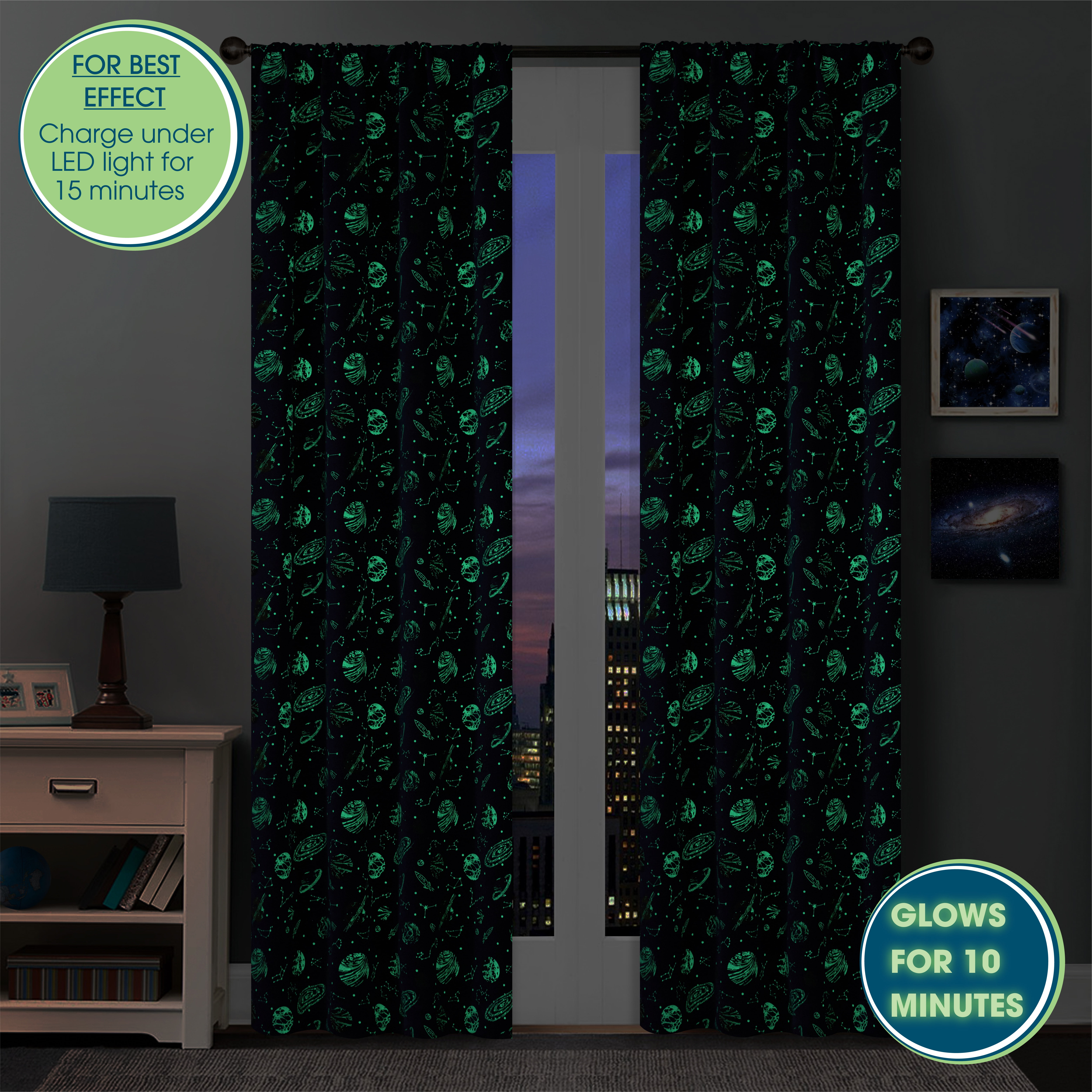 Your Zone Blackout Curtain Panel with Glow in the Dark Print, 1 Panel, Space Blue, 37" W x 63" L