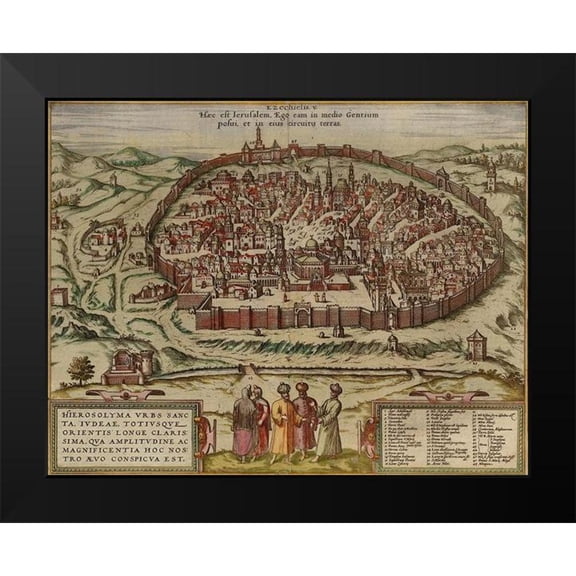 Vintage Maps 14x12 Black Modern Framed Museum Art Print Titled - Antique Map of Jerusalem