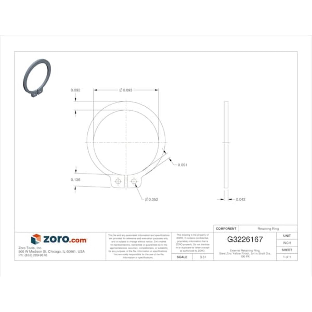 External Retaining Ring, Steel, Zinc Yellow Finish, 100 PK SH-75ST ZD