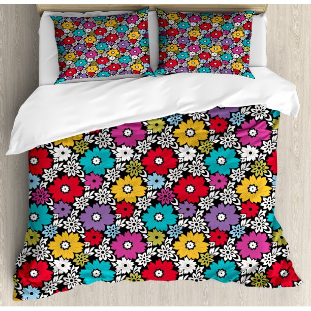 Floral Duvet Cover Set, Ornamental Colorful Flowers and White Colored