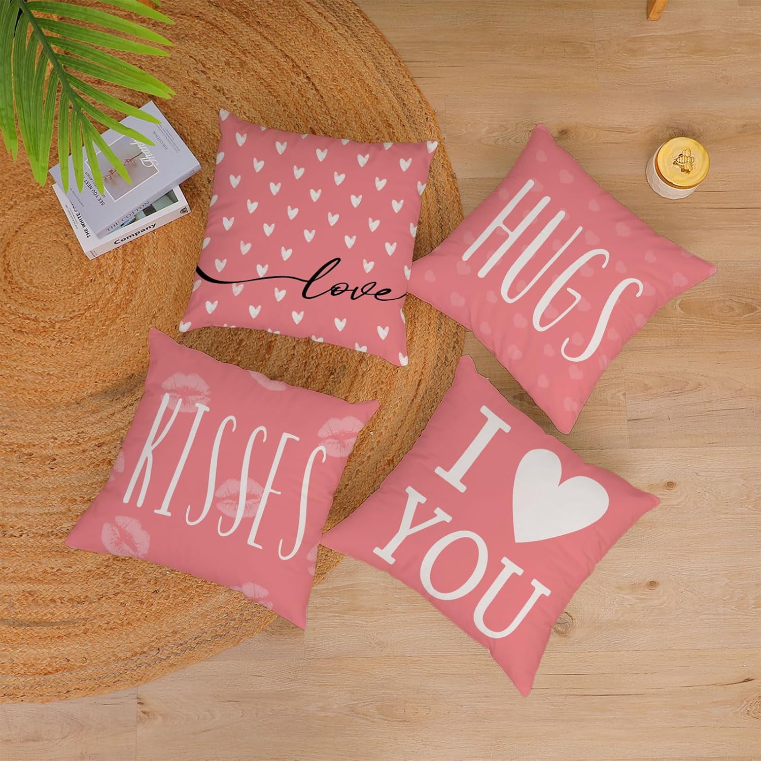 Happy Valentines Day Pillow Covers 22x22 Set of 4 Pink Love You Heart Velvet Throw Pillow Covers Wedding Anniversary Be Mine Pillow Cases Cushion Covers for Outdoor Couch Sofa Decoration(22 Inch)