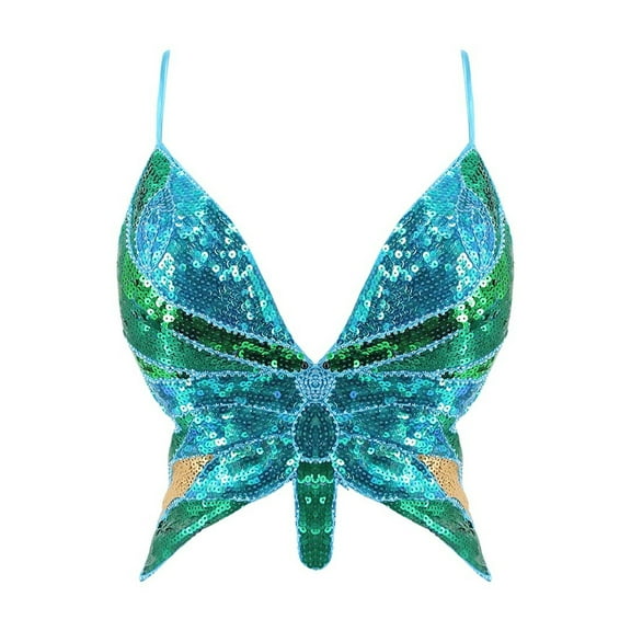 Wdgfv Womens Glitter Sequin Butterfly Crop Top Low-Cut Tank Top Rave Tube Vest Top for Belly Dance Outfits