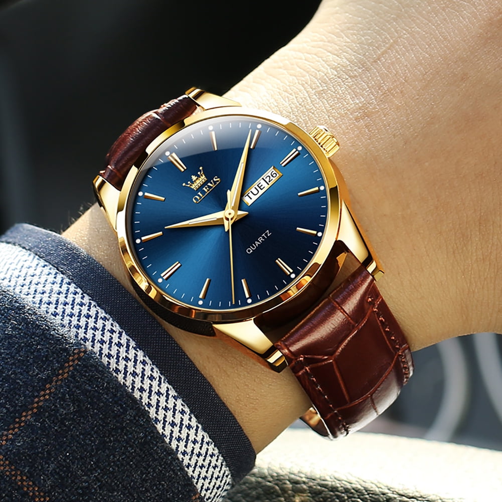 OLEVS Mens Watches,Brown Leather Watch for Men,Gold Case Analog Quartz Fashion Business Dress Watch Day Date Luminous Waterproof Casual Male Wrist Watches Reloj para Hombre