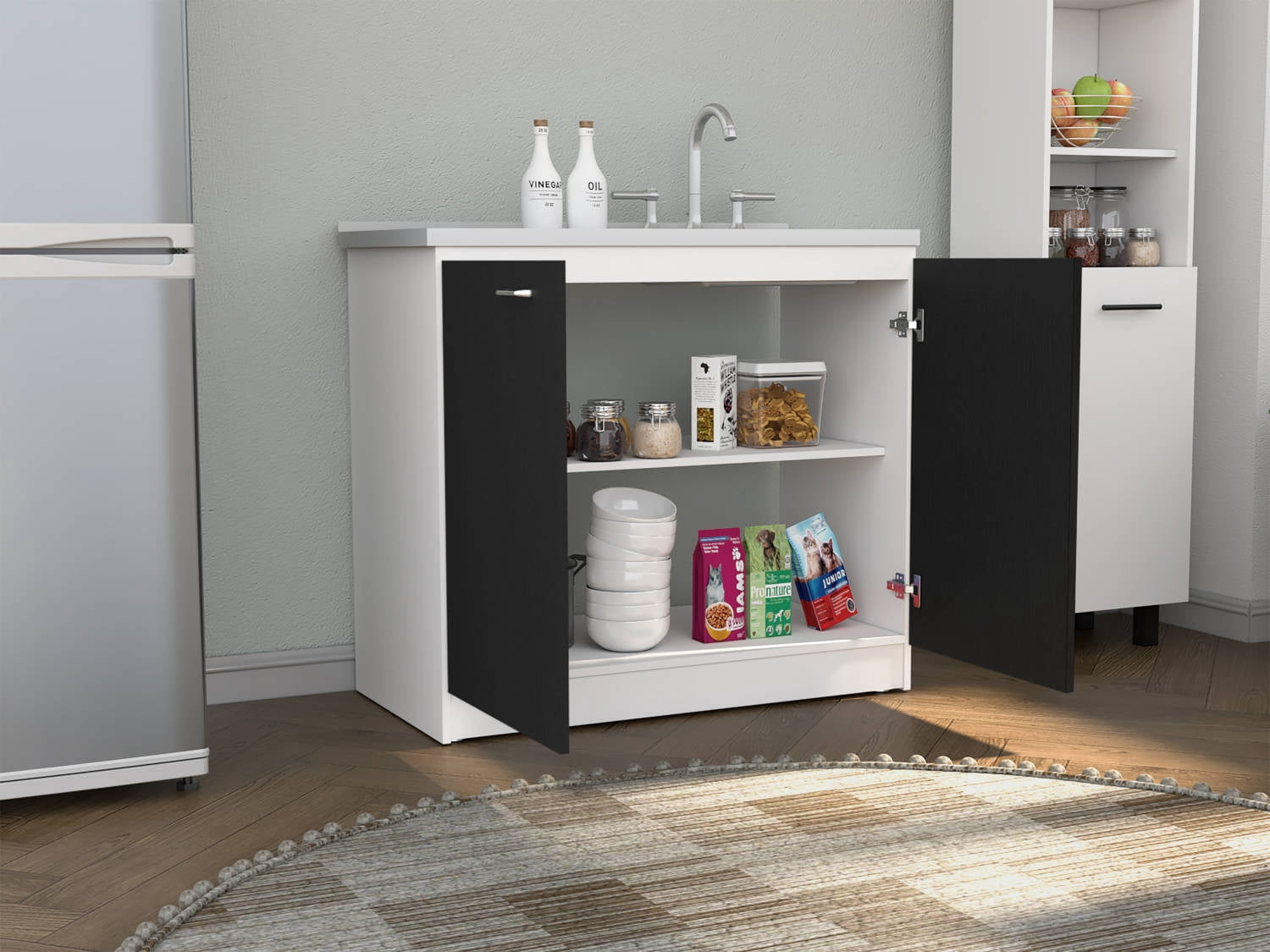 Izzovium Napoles Utility Sink With Cabinet, Double Door, One Shelf - White/Black, 39.3x20.5x35.4in, Stainless Steel Sink & Particle Board, Easy Assembly, Kitchen/Laundry Room