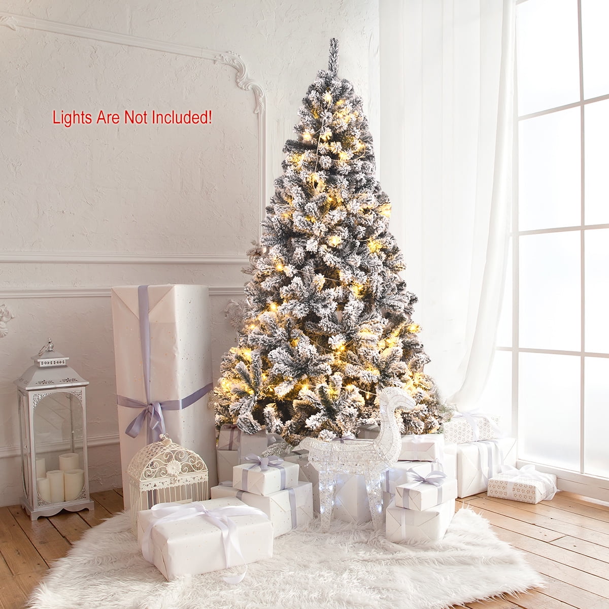 Gymax Green Unlit Snow Flocked Hinged Full Artificial Holiday Décor Christmas Tree, 6'