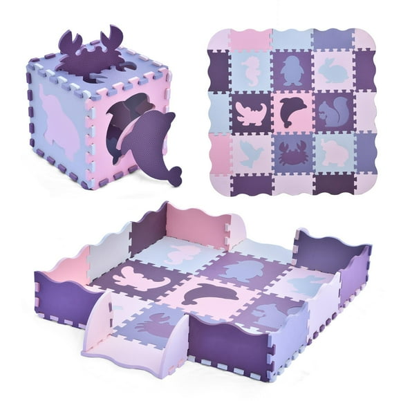 Fun Little Toys 25 PCs Baby Play Mat with Fence Purple Animals, Thick Interlocking Foam Floor Tiles with 9 Patterns, Large Puzzle Playmat, for Infants, Baby & Toddler, Crawling Mat for Kids Room Decor