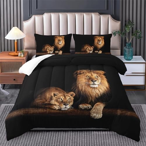 Lion and Lioness Comforter Set King Size,Lion Bedding Set King,King Animal Print Black Comforter Set,Tropical African Animal 3D Print Bedding Black Bed Set