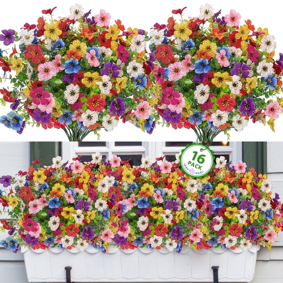 Scidweet Artificial Flowers Outdoors, 16 Bundles Faux Fake Flowers Plant for Home Porch Garden Window Box Summer Decoration, MultiColor