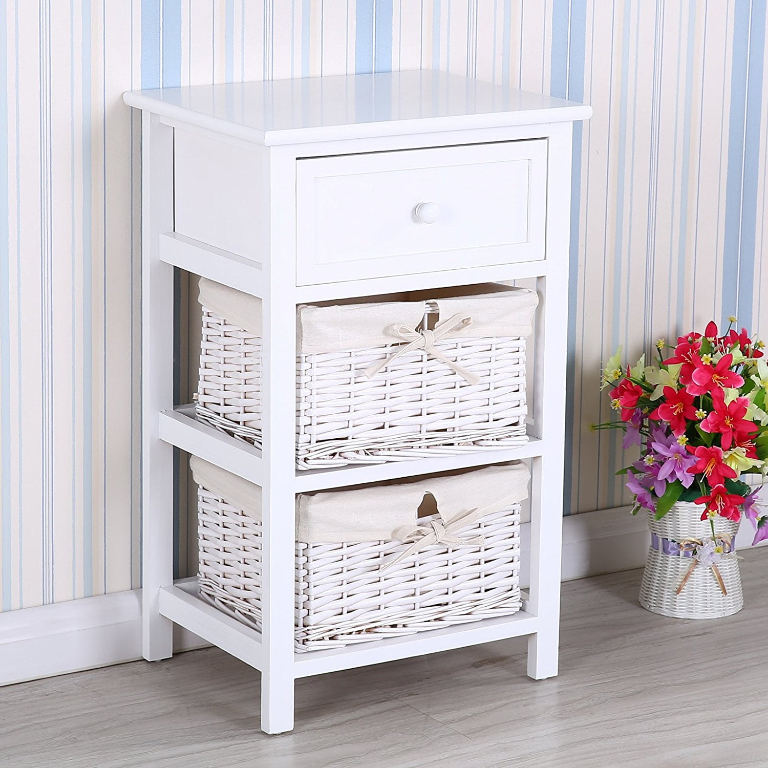Mecor Retro White Shabby Chic Nightstand End Side Bedside Table w/Wicker Storage Wood