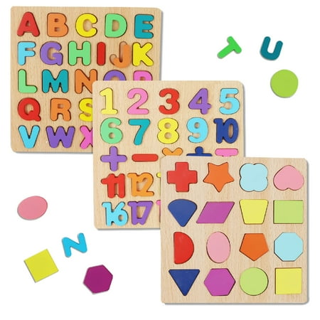 Wooden Puzzles for Toddlers Wooden ABC Alphabet Number Shape Puzzles Toddler Learning Puzzle Toys for Kids 1-3 Years Old Boys & Girls 3 in 1 Montessori Early Education Puzzle for Toddlers