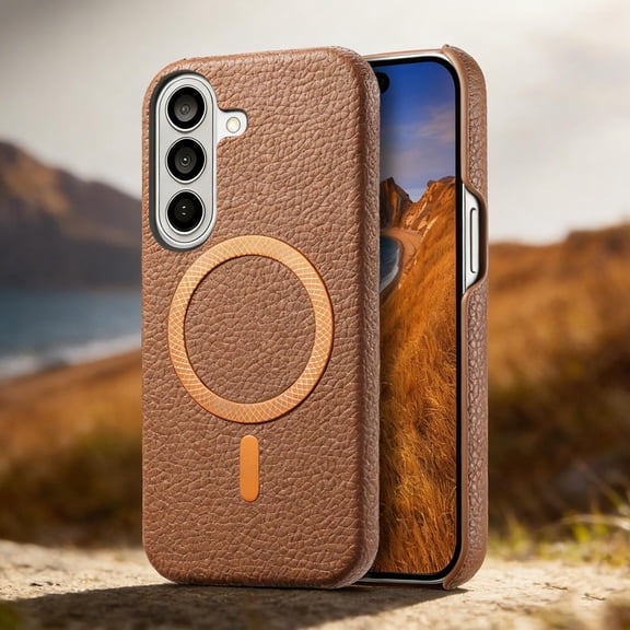 Magnetic Case for Samsung Galaxy A26 5G with Built-in Magnetic Ring, Wireless Charging PU Leather Hard PC Bumper Slim Shockproof Protective Cover for Samsung Galaxy A26 5G, Brown