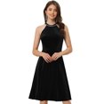 thumbnail image 1 of Vestido Halter para Mujer Vestido de Cóctel sin Mangas de Terciopelo Vestido Formal con Perlas Negro L, 1 of 6