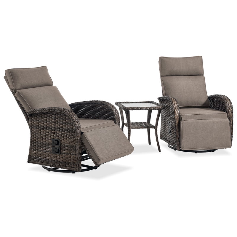 3-Piece Patio Swivel Recliner Chairs with Side Table, Outdoor Wicker Reclining Lounge Chairs with Adjustable Back and Footrest, Rattan Outdoor Furniture Set with Gray Cushions