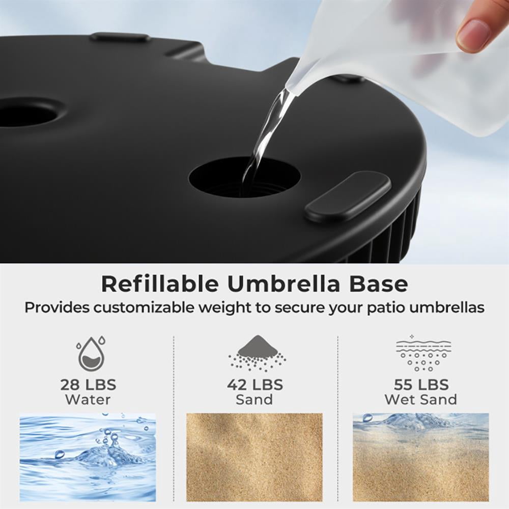 GVN Patio Umbrella Base,Outdoor Umbrella Stand,Water and Sand Filled Outdoor Umbrella Stand with Shell Texture and 3 Coupler Sizes-Black