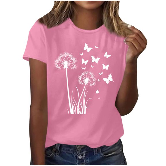 Womens Cute Printed Tee Shirts Summer Plus Size Casual Graphic Tees Tops