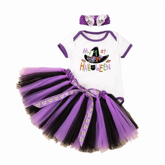 Toddler Girls Outfits Casual Lounge Set Halloween Themed Set with Short Sleeved Top and Fluffy Skirt 3Pcs Clothing Set Size 12-24 Months
