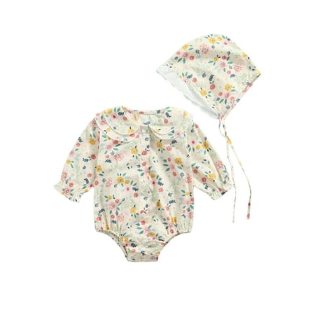 

Infant Baby Girls Clothes Set Newborn Long Sleeve Floral Ruffle Single Breasted Jumpsuit Button Down Bodysuits with Cap