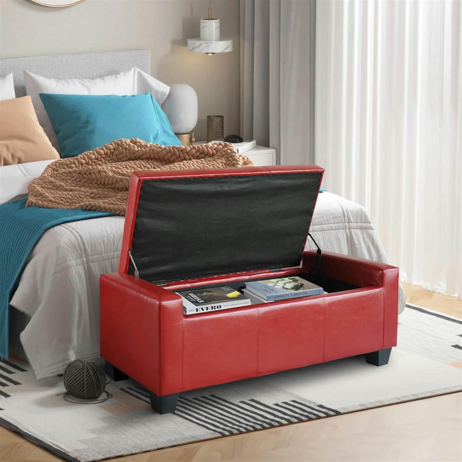 Demi Bonn 50" Oversized Ottoman, Tufted Faux Leather Bench, Storage Ottoman for Living Room, Bedroom, Modern Storage Bench, Red