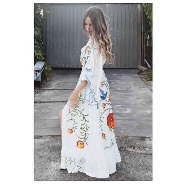 Faithtur Robe Bohème pour Femmes Manches Longues Taille à Cordon Robe Boutonnée Ligne A Robe Midi d'Été