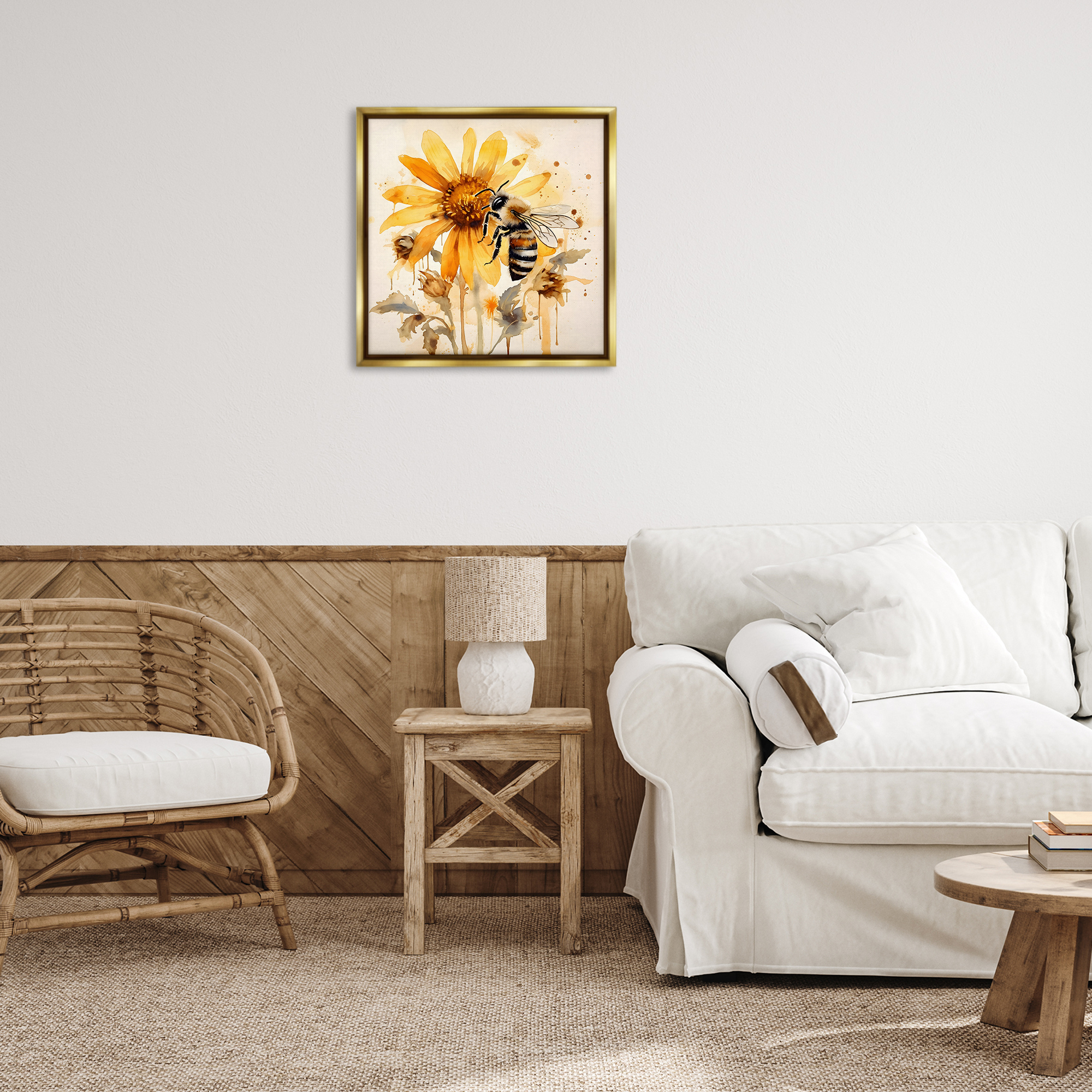 Stupell Industries Busy Bee with Flower Animals & Insects Painting Gold Floater Framed Canvas Art Print Wall Art, 25 x 25
