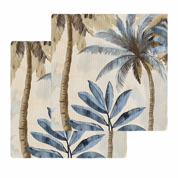 Palm Trees Kitchen Dish Towels for Drying Dishes Set of 2, Blue Brown Vintage Watercolor Tropical Waffle Weave Microfiber Hand Tea Bathroom Towels Quick Dry & Absorbent Towel 12x12