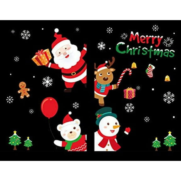 Christmas Window Cling Stickers 27”x19” Santa Claus Snowman Reindeer Xmas Large Decal Shop Window, Showcase Decoration