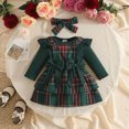 thumbnail image 4 of KPOPLK Baby Girl Christmas Plaid Overall Dress Set Long Sleeve Flutter Romper + Suspender Skirt + Bow Headband 3 Piece Infant Holiday Outfit,Size 9-12 Months, 4 of 9