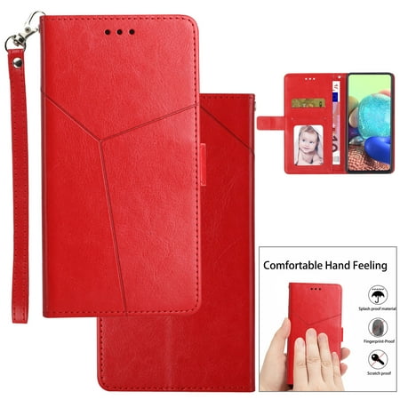 for Motorola Moto G42 Flip Kickstand Case, Premium PU Leather Wallet with Credit Card Holder[ RFID Blocking] 360 Full Shockproof Protection Magnetic Closure Phone Cover&Wrist Strap, Red