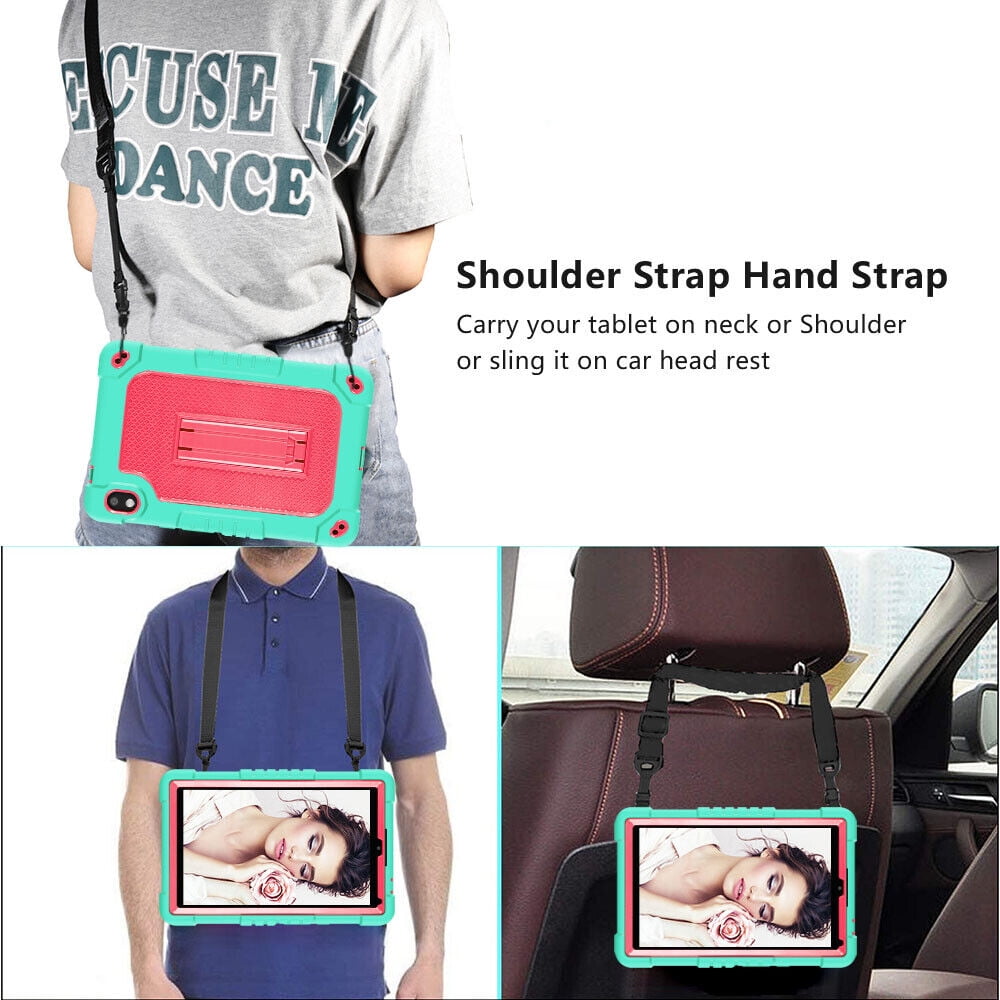 SOATUTO For Orbic Tab 8 inch Heavy Duty Case with Shoulder Strap Kickstand Soft Silicone Hard Back Hybrid Armor Protective Cover for 8" Orbic Tab 8 5G Verizon / Orbic Tab 8 5G UW 8 inch - Green+Pink