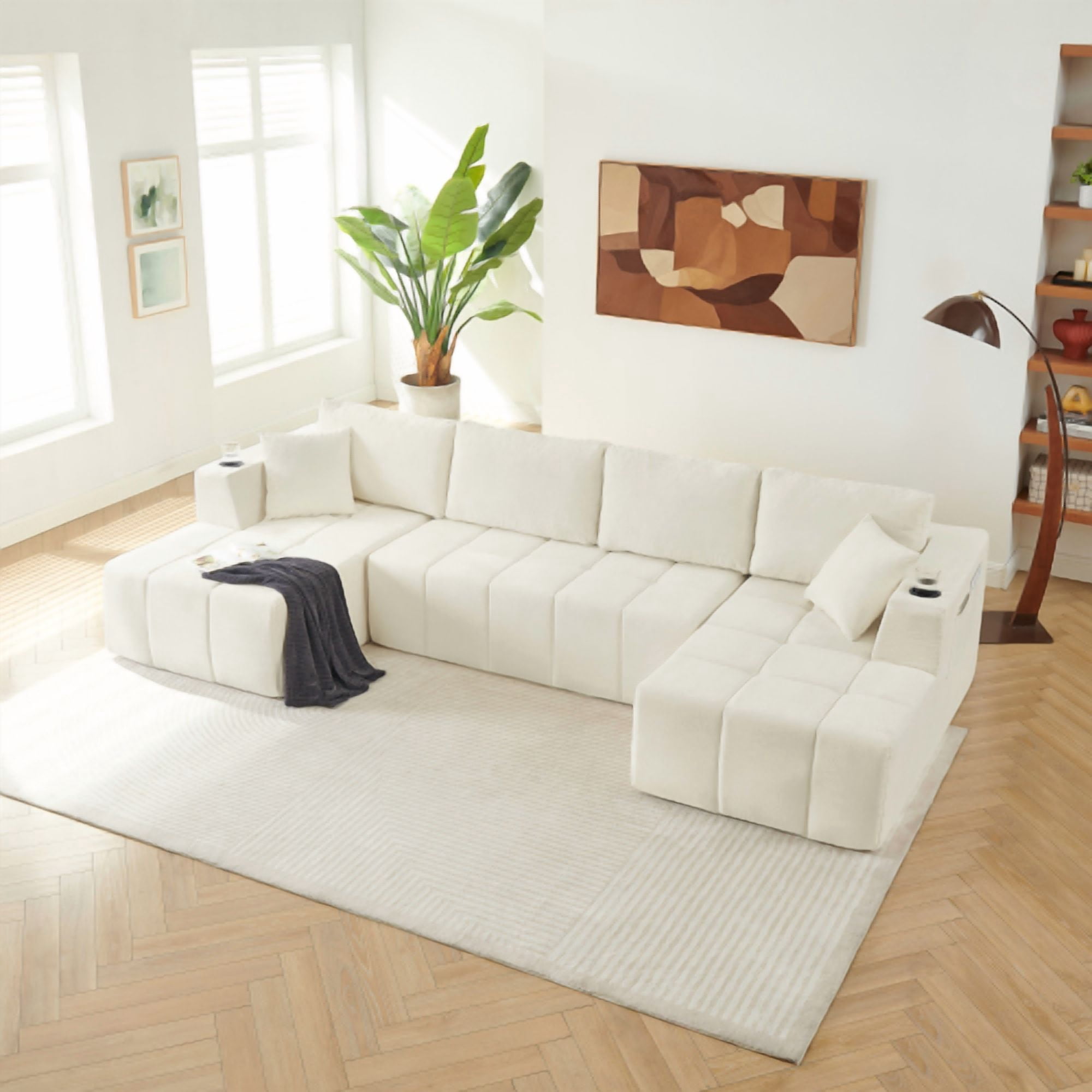 132-inch U-Shaped Chenille Sectional Sofa with Dual Chaises, Cup Holders & Side Pockets, Cloud-Style Boneless No-Assembly Compression Couch for Living Room, Beige
