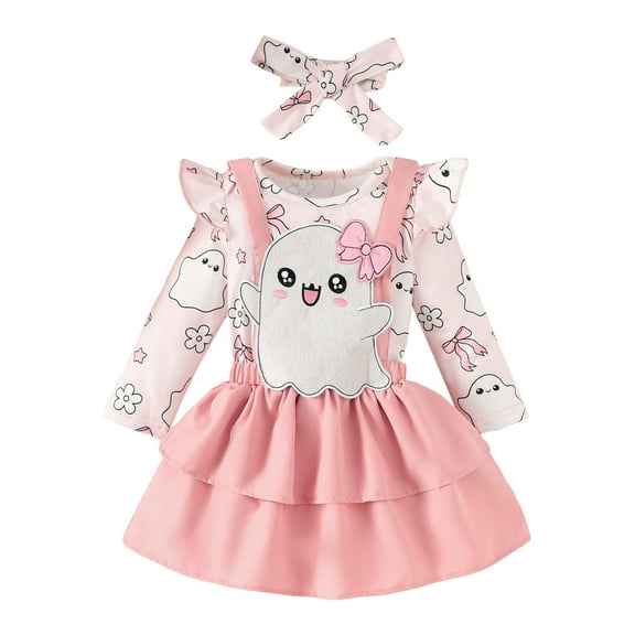 CONFREE Toddler Baby Girl Halloween Outfits Long Sleeve Cute Ghost Print Tops Suspender Skirt With Hairband 3Pcs Hallowmas Outfit Set Fall Clothing Set