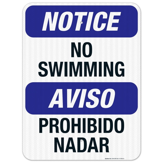 No Swimming Sign, Bilingual English Spanish, 18x24 Reflective Aluminum EGP