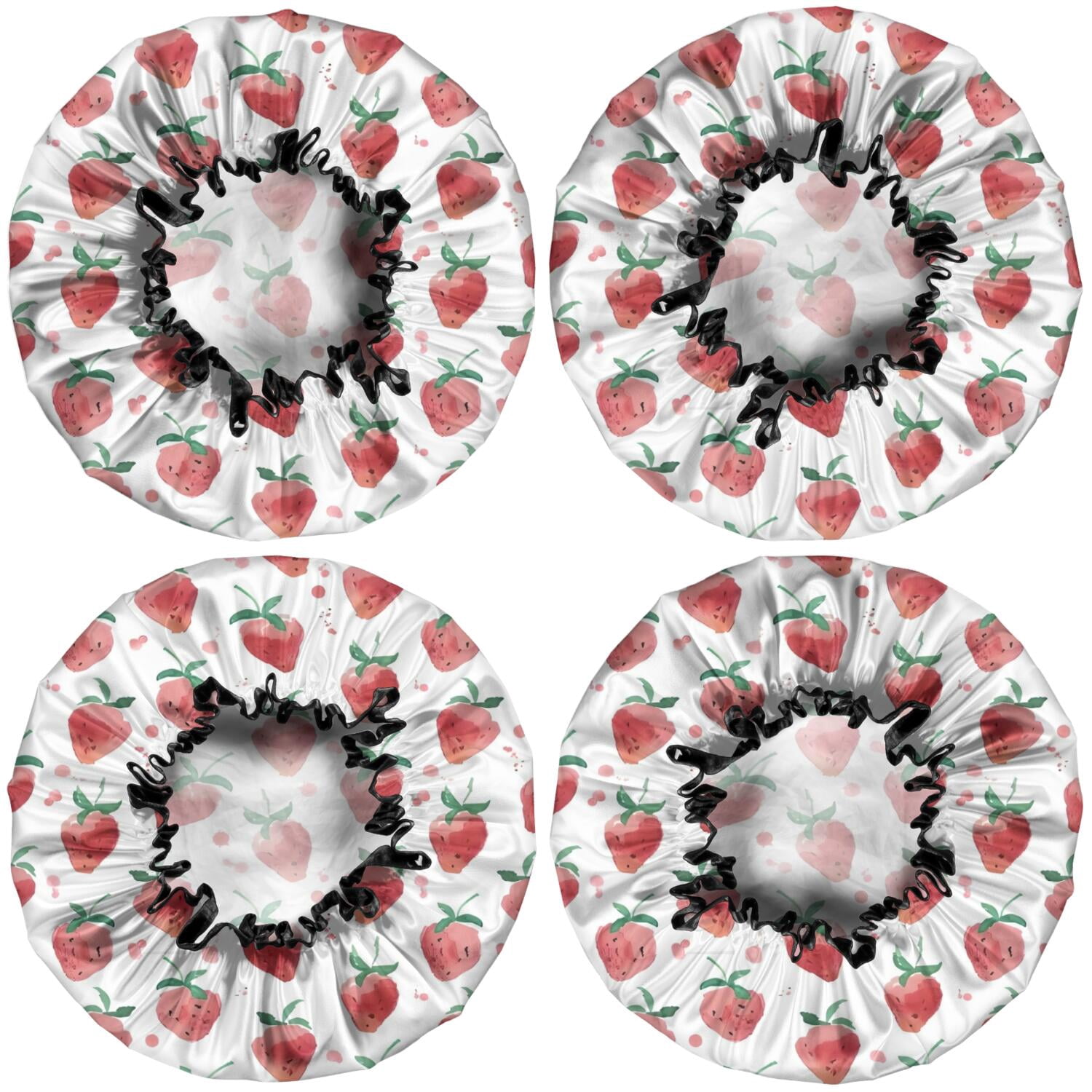 Shower Caps,Strawberry Plants Fruit Watercolor Waterproof Shower Cap for Women 4 Pieces,Double Reusable Hair Cover for Shower PEVA Elastic Stretch Hem