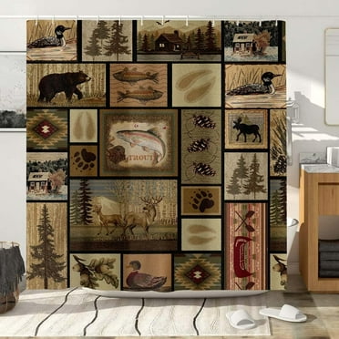 Rustic Lodge Shower Curtain, Cabin Retro Bear Moose Lodge Vintage Farmhouse Shower Curtain Sets, Wild Duck Leaves Mountain Hill Retro Decor Barhroom Curtain with Hooks, 72X72in