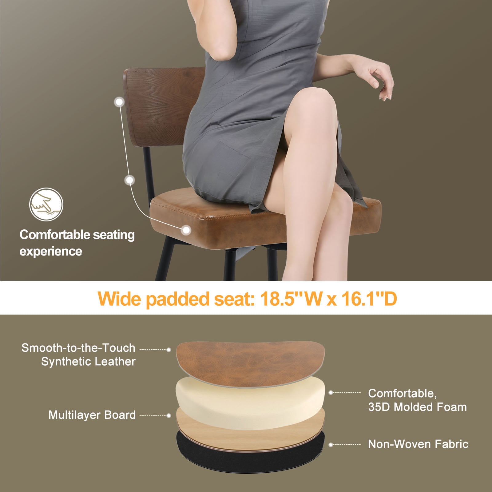 ANMINY Swivel Bar Stools Set of 2, 29" Seat Height, Upholstered Faux Leather Counter Barstools with Wood Backs and Metal Legs, Counter Height Bar Stool for Kitchen Island